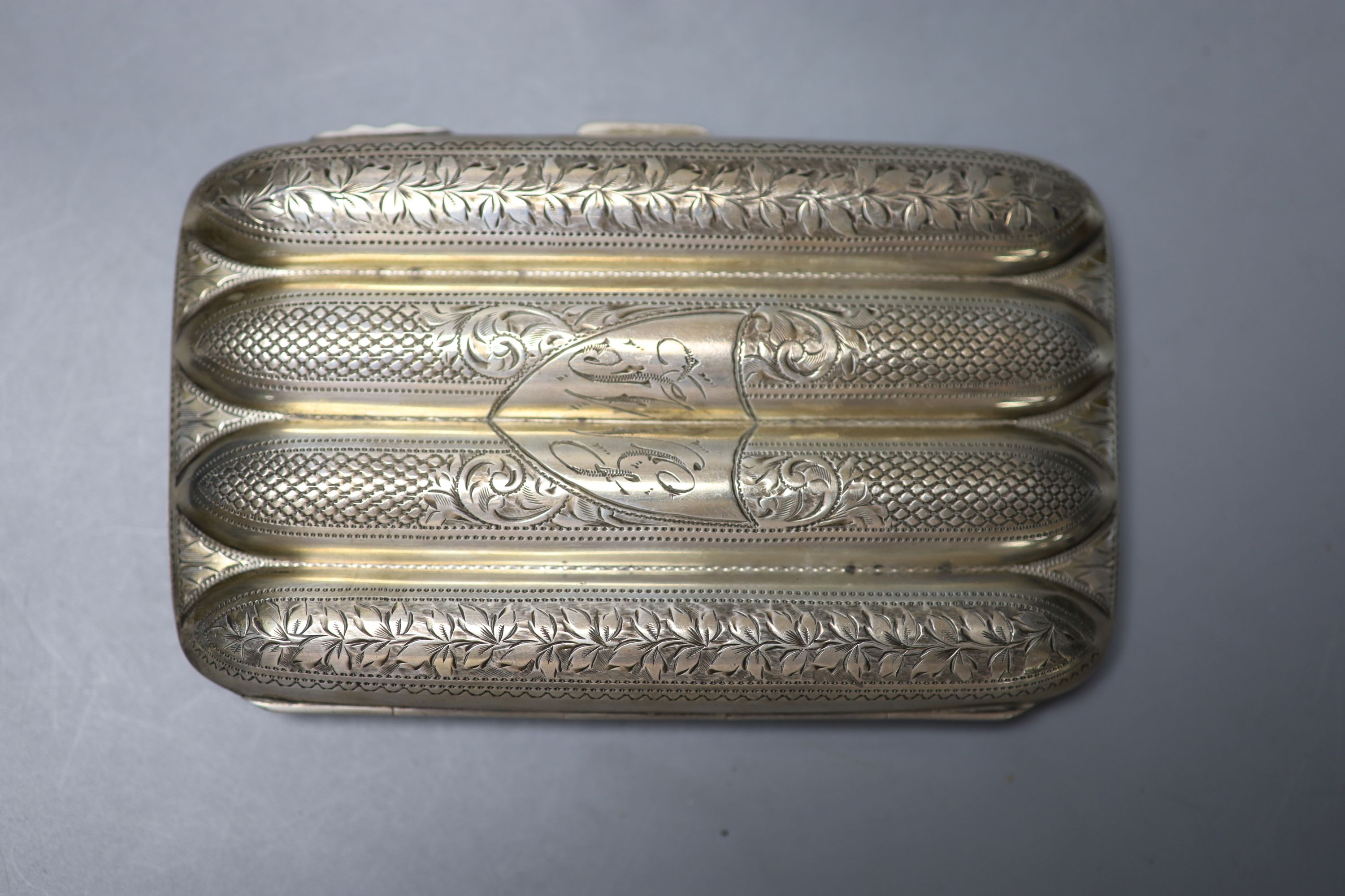 An Edwardian engraved silver four division cigar case, Joseph Gloster, Birmingham, 1905, 13cm, 4.5 oz.